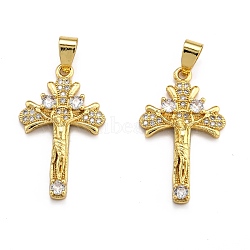Brass Micro Pave Clear Cubic Zirconia Pendants, Long-Lasting Plated, Cross, Real 18K Gold Plated, 30x18x4.5mm, Hole: 3.5x5.5mm(ZIRC-J025-49G)