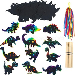 12Pcs Dinosuar Scratch Rainbow Painting Art Paper, DIY Animal Bookmark, with Paper Card, Wood Sticks and Ribbon, Black, 10.5x14cm(PW-WG54087-01)