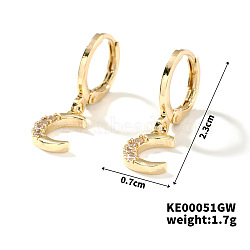 Elegant Vintage Copper Hoop Earrings with Geometric Zircon Stones, Golden, Moon, 23x7mm(IN0853-1)