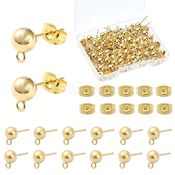 50Pcs 304 Stainless Steel Stud Earring Findings, with Loop and Ear Nut/Earring Backs, Real 24K Gold Plated, 9mm, Hole: 1.8mm, Ball: 6mm, Pin: 0.8mm(STAS-YW0001-89)