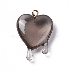 Transparent Resin Pendants, with Light Gold Iron Loops, Melting Heart Charms, Gray, 30~30.5x21~21.5x7mm, Hole: 1.6mm(RESI-F028-01B)