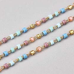 Handmade Glass Seed Beaded Chains, with Stainless Steel Cable Chains, Unwelded, with Spool, Golden, Pale Turquoise, 1~2x0.9~1.5mm, about 26.24 Feet(8m)/roll(CHS-G012-06G)