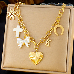304 Stainless Steel & Imitation Pearl Bowknot Sun Pendant Bib Necklaces for Women, Golden, Heart, 16.14 inch(41cm), Pendant: 20x15mm(FS-WG17725-01)