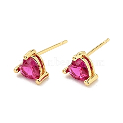 Deep Pink Cubic Zirconia Heart Stud Earrings, Brass Jewelry for Women, Cadmium Free & Nickel Free & Lead Free, Real 18K Gold Plated, 6x5.5mm, Pin: 0.7mm(EJEW-G297-16G)