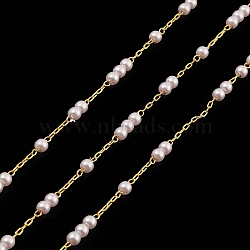 Natural Pearl Beaded Chains, with Brass Findings, Unwelded, with Spool, Real 18K Gold Plated, 2.5x1x0.2mm, Beads: 3mm(CHC-M025-66G)