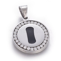 304 Stainless Steel Enamel Pendants, with Cubic Zirconia, Flat Round with Letter, Stainless Steel Color, Clear, Letter.I, 29x25x3mm, Hole: 5.5x8.5mm(STAS-E439-90I-P)