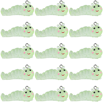 16Pcs Transparent Resin Pendants, Caterpillar, with Platinum Iron Loop, Light Green, 16x36x16mm, Hole: 2mm