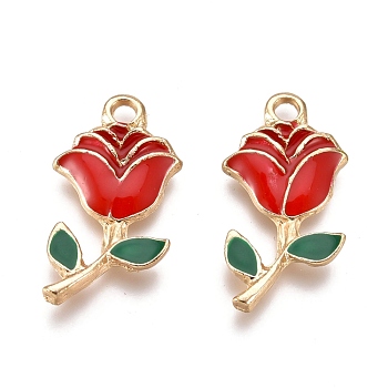 Alloy Enamel Pendants, for Valentine's Day, Rose Flowers, Golden, Red, 22.5x12x2.5mm, Hole: 2mm