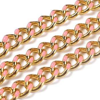 Golden Brass Enamel Curb Chain, Twisted Chain, Long-Lasting Plated, with Spool, Unwelded, Pink, 10.5x8x3.5mm, 32.8 Feet(10m)/roll
