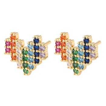 Brass Micro Pave Cubic Zirconia Stud Earrings for Women, Heart, 925 Sterling Silver Stud Earrings, Golden, 10x12mm