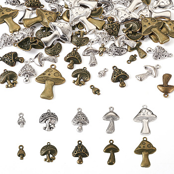 80Pcs 10 Style Alloy Pendants, Mushroom, Antique Bronze & Antique Silver, 13~40.5x8~29x3~5mm, Hole: 1.5~3mm, 8pcs/style