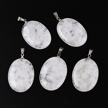 Natural Quartz Crystal Pendants, Rock Crystal Flat Oval Charms with Metal Snap on Bails, Platinum, 34~34.5x22x5~5.5mm, Hole: 2.5x5.5mm