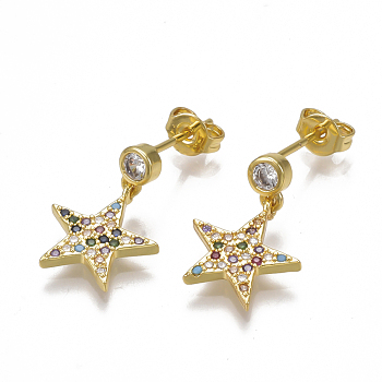 Brass Micro Pave Cubic Zirconia(Random Mixed Color) Dangle Ear Studs, with Ear Nuts, Golden, 18.5x12mm, Pin: 0.7mm