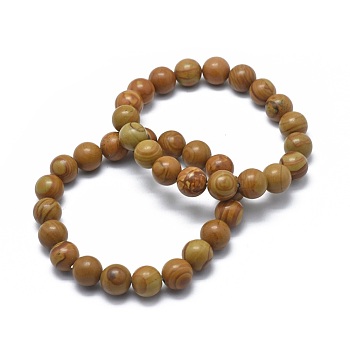 Natural Wood Lace Stone Bead Stretch Bracelets, Round, 2-1/8 inch~2-3/8 inch(5.5~6cm), Bead: 8mm