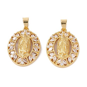 Brass Micro Pave Clear Cubic Zirconia Pendants, Long-Lasting Plated, Oval with Catholic, Real 18K Gold Plated, 28x20x5mm, Hole: 4.5x3.5mm