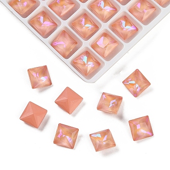 Pointed Back Glass Rhinestone Cabochons, Imitation Tourmaline, Faceted, Square, Pink, 8x8x4.5mm