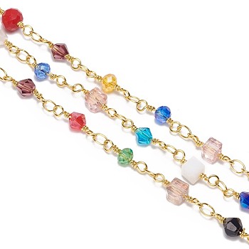 3.28 Feet Handmade Glass Beaded Chains, Unwelded, with Brass Findings, Faceted, Mixed Shapes, Golden, Mixed Color, 4~6x3~5mm