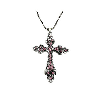 Cross Zinc Alloy Pendant Necklace, with Rhinestone, Rose, 27.56 inch(70cm)