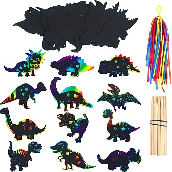 12Pcs Dinosuar Scratch Rainbow Painting Art Paper, DIY Animal Bookmark, with Paper Card, Wood Sticks and Ribbon, Black, 10.5x14cm