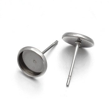 Flat Round 304 Stainless Steel Stud Earring Settings, Stainless Steel Color, Tray: 6mm, 12x8mm, Pin: 0.6mm