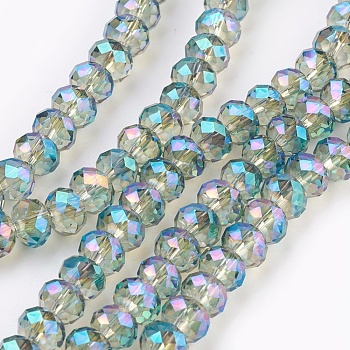 Electroplate Glass Beads Strands, Full Rainbow Plated, Faceted, Rondelle, Turquoise, 6x4~5mm, Hole: 0.8~1mm, about 88~92pcs/strand, 15.5 inch~16 inch(39~45cm)