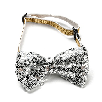 Adjustable Cat Dog Bowknot Collars, Sequin/Paillette Beaded Pet's Bow Tie, Pet Bowknot Necktie, Silver, 190~350mm