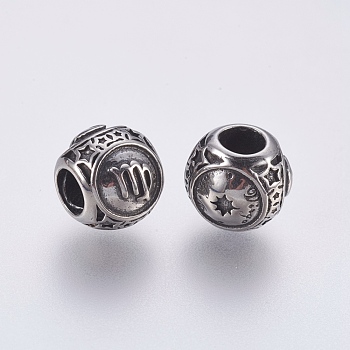 316 Surgical Stainless Steel European Beads, Large Hole Beads, Rondelle, Virgo, Antique Silver, 10x9mm, Hole: 4mm