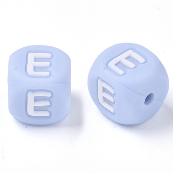 Food Grade Eco-Friendly Silicone Beads, Horizontal Hole, Chewing Beads For Teethers, DIY Nursing Necklaces Making, Letter Style, Cube, Light Sky Blue, Letter.E, 10x10x10mm, Hole: 2mm