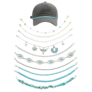 10Pcs Synthetic Turquoise & Brass & Alloy Chain Baseball Cap Chain, with Alloy Lobster Claw Clasps, Platinum & Golden, 265~270mm