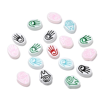 Baking Paint Glass Beads, Oval with Palm/Runes, with Enamel, Mixed Color, 19.5x15x6mm, Hole: 1.5mm