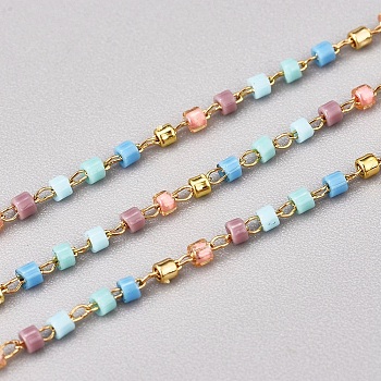 Handmade Glass Seed Beaded Chains, with Stainless Steel Cable Chains, Unwelded, with Spool, Golden, Pale Turquoise, 1~2x0.9~1.5mm, about 26.24 Feet(8m)/roll