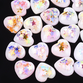 Resin Cabochons, with Paillette, Heart, Creamy White, 10x10x4mm
