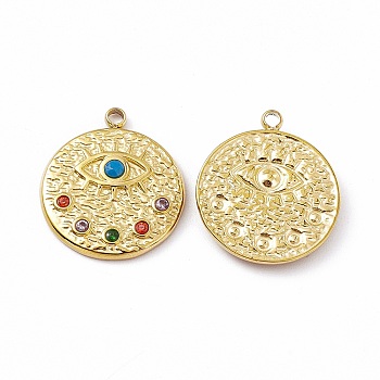 Vacuum Plating 201 Stainless Steel Pendants, with Rhinestone, Real 18K Gold Plated, Flat Round with Eye Charms, Colorful, 18x15.5x2.5mm, Hole: 1.5mm