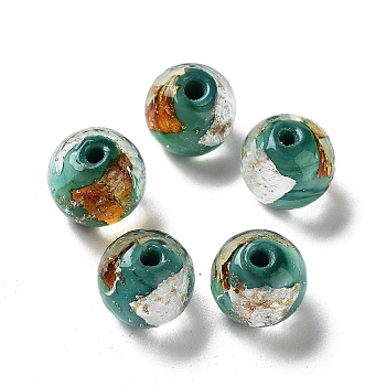 Handmade Lampwork Bead, with Gold Foil, Round, Light Sea Green, 11.5~12x11~11.5mm, Hole: 1.8~2mm
