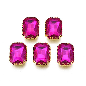 Sew on Rhinestone, Transparent Glass Rhinestones, with Iron Prong Settings, Faceted, Rectangle, Fuchsia, 15x11x5.5mm, Hole: 1mm