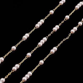 Natural Pearl Beaded Chains, with Brass Findings, Unwelded, with Spool, Real 18K Gold Plated, 2.5x1x0.2mm, Beads: 3mm