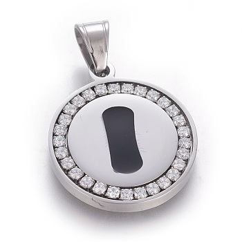 304 Stainless Steel Enamel Pendants, with Cubic Zirconia, Flat Round with Letter, Stainless Steel Color, Clear, Letter.I, 29x25x3mm, Hole: 5.5x8.5mm