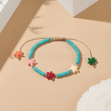 Dyed Synthetic Turquoise(Dyed) Heishi Beaded Bracelets with Dyed Synthetic Coral Starfish(BJEW-JB09194-01)-2