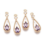 Brass Micro Pave Cubic Zirconia Pendants, with Glass, Teardrop, Long-Lasting Plated, Light Gold, Violet, 17.5x6x2.5mm, Hole: 1mm(KK-R111-003-A03)