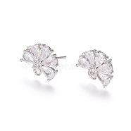 Brass Cubic Zirconia Stud Earring Findings, with Loop, Flower, Clear, Platinum, 15mm, Pin: 0.7mm(EJEW-E257-05P)