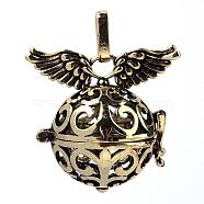 Rack Plating Brass Cage Pendants, For Chime Ball Pendant Necklaces Making, Hollow Round with Wing, Antique Bronze, 30x31x21mm, Hole: 3.5x8mm, inner measure: 19mm(KK-S751-018AB)