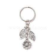 Sunflower & Leaf Tibetan Style Alloy Pendant Keychain, with Iron Split Key Rings, Antique Silver, 7cm, Pendants: 17~22x10.5~15.5x1.5~2.5mm(KEYC-JKC00710)