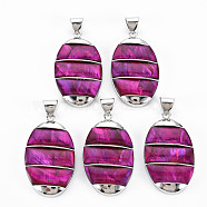 Natural Abalone Shell/Paua Shell Big Pendants, with Platinum Brass Findings, Dyed, Oval, Medium Violet Red, 44x26x6mm, Hole: 6x8mm(SHEL-N333-009A-B02)