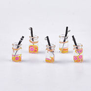 Glass Bottle Pendants, with Resin, Plastic and Iron Findings, Fruit Tea Charms, Platinum, Gold, 25~28x10mm, Hole: 1.8mm(X-CRES-N017-06H)