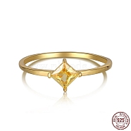 Gold Cubic Zirconia Rhombus Finger Ring, 925 Sterling Silver Birthstone Ring, Golden, 1.1mm, US Size 7(17.3mm)(RJEW-F150-67B-G)