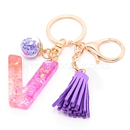 (Clearance Sale)Resin Keychains, with Iron Keychain Findings, Glass Ball Pendants(with Plastic inside), and Sponge Tassels, Light Gold, Lilac, Letter.V, 9.5cm(KEYC-WH0020-12V)