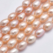 Natural Cultured Freshwater Pearl Beads Strands, Rice, Light Salmon, 6~9x5~6mm,  Hole: 0.8mm, about 48pcs/strand, 13.78 inch(35cm)(PEAR-F007-76A-01)