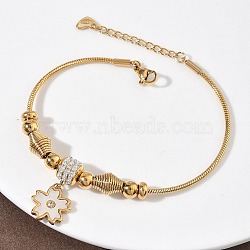 European Style Polymer Clay Rhinestones & 201 Stainless Steel & Natural Shell Charm Bracelets, 304 Stainless Steel Snake Bracelets for Women, Ion Plating(IP), Real 18K Gold Plated, Flower, 7-5/8 inch(19.4cm)(BJEW-G765-03G-01)