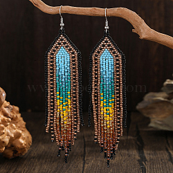 Fashionable Long Tassel Dangle Earrings, with Geometric Glass Beads, Platinum, Blue, 125x28mm(MW1277)