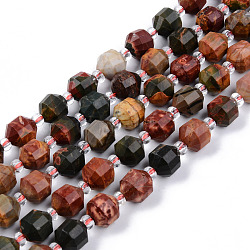 Natural Picasso Stone/Picasso Jasper Beads Strands, Round, Faceted, 8~9x10mm, Hole: 1.2mm, about 33~35pcs/strand, 15.16inch(38.5cm)(G-R482-19-10mm)